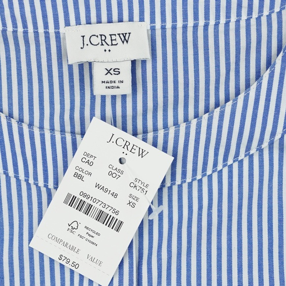 New J.CREW Size XS Striped Puff Sleeve Tie Waist Top Banker Blue $79 CK751 - Picture 7 of 7